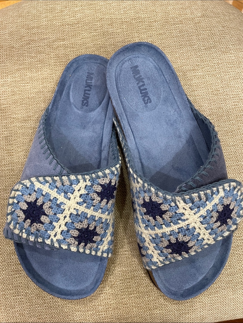 MukLuks Blue Suede Slide Sandals Crochet Granny Square Size 8 Two Tone Blue Boho